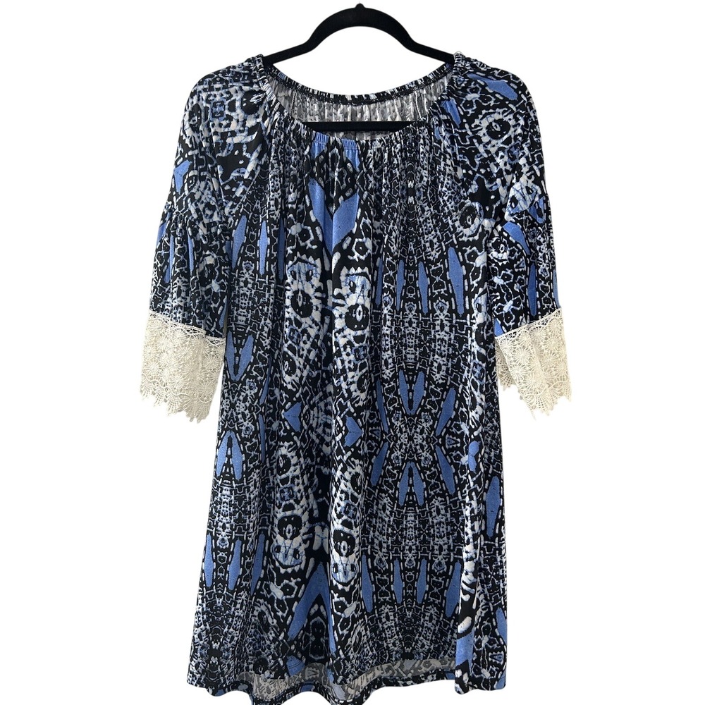 West Loop Medallion Tunic M Blue Lace Cuff 3/4 Sleeve Boho Peasant Festival